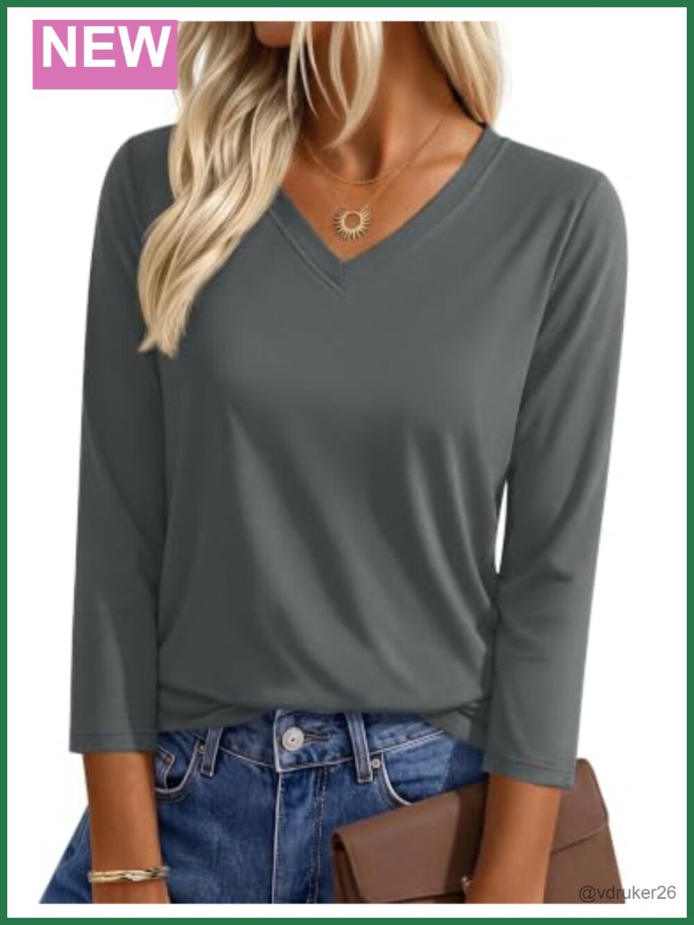 V Neck 3/4 Sleeve Womens T-Shirt Cotton Blend Loose Fit Casual Top